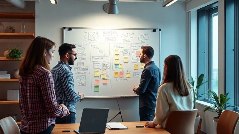 A photorealistic image of a team in a modern office collaborating around a whiteboard filled with flowcharts and sticky notes, representing process improvement and problem-solving. A sense of focused determination. Cinematic lighting, sharp focus, depth of field, 8K hyper-detailed.