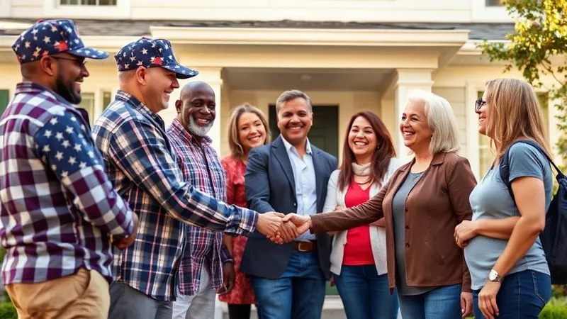 A diverse group of veterans and their families smiling and shaking hands with a real estate agent in front of a newly purchased home, representing successful homeownership and community. The scene is bright and hopeful, with cinematic lighting. A diverse group of veterans and their families smiling and shaking hands with a real estate agent in front of a newly purchased home, representing successful homeownership and community. The scene is bright and hopeful, with cinematic lighting.