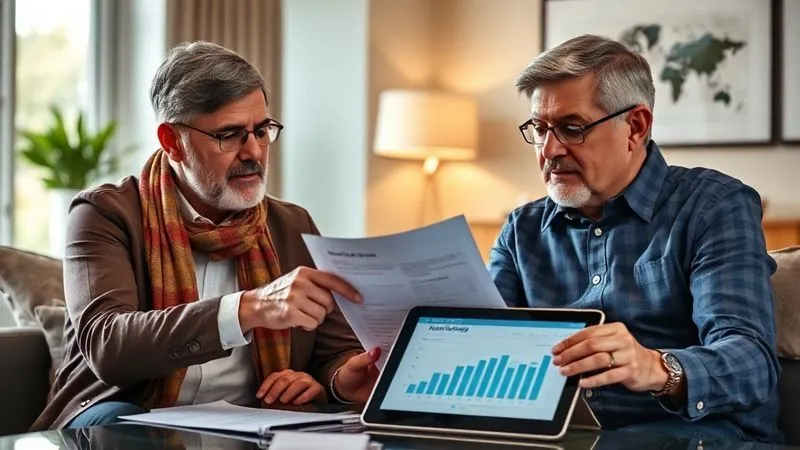 A photorealistic image of a financial advisor explaining a mortgage document to a veteran couple, pointing to key sections, with a tablet displaying a financial graph in the foreground. The setting is a modern, comfortable office, conveying trust and future planning, with cinematic lighting and sharp focus. A photorealistic image of a financial advisor explaining a mortgage document to a veteran couple, pointing to key sections, with a tablet displaying a financial graph in the foreground. The setting is a modern, comfortable office, conveying trust and future planning, with cinematic lighting and sharp focus.