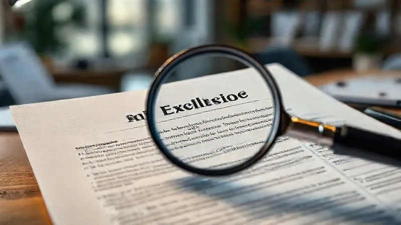 Photorealistic, professional photography of a detailed, open insurance policy document with a magnifying glass highlighting the 'Exclusions' section. The background is slightly blurred, showing elements of a busy office. 8K, cinematic lighting, sharp focus on the document, depth of field, shot on a high-end DSLR.