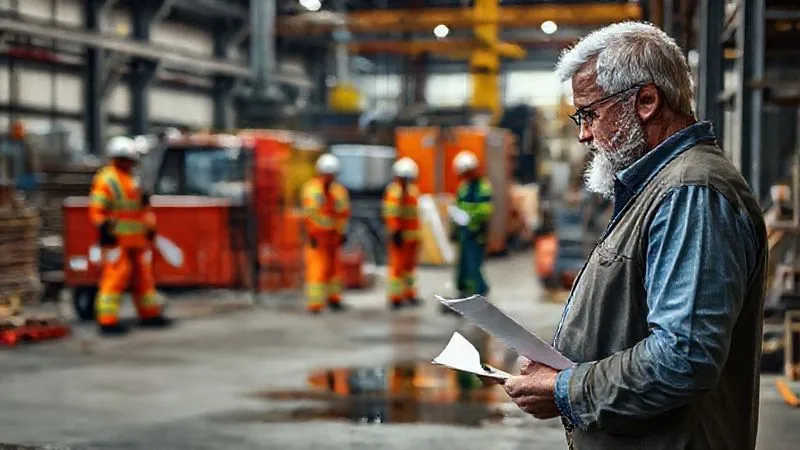 Photorealistic, professional photography of a business site, perhaps a factory or construction area, with a hazmat team in the background addressing a small, contained chemical spill. The foreground shows a concerned business owner looking at a document. 8K, cinematic lighting, sharp focus, depth of field, shot on a high-end DSLR.