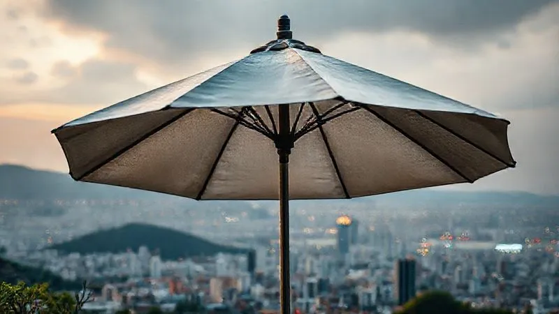Photorealistic, professional photography of a large, sturdy umbrella providing shade and protection over a small, bustling miniature cityscape. The lighting is warm and reassuring, with sharp focus on the umbrella and city, depth of field blurring the distant horizon. 8K, cinematic lighting, shot on a high-end DSLR.