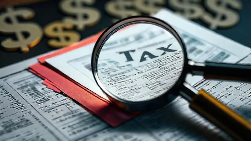 A photorealistic, professional photography, 8K image of a complex financial ledger with various colorful tax forms spilling out, overlaid with a magnifying glass highlighting the fine print. Cinematic lighting creates a serious, detailed atmosphere, sharp focus on the tax documents, depth of field blurring a background of blurred dollar signs.