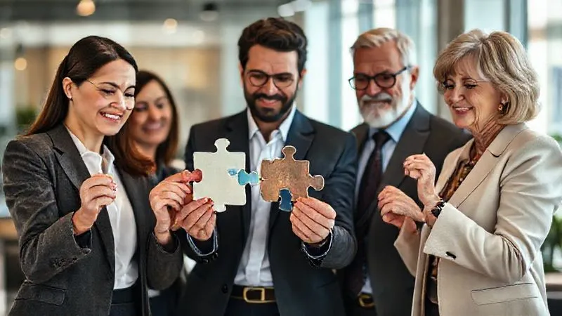 A photorealistic, professional photography, 8K image of a diverse group of executives at different life stages (young professional, mid-career parent, pre-retiree) each holding a piece of a puzzle, trying to fit them together into a coherent financial plan. Cinematic lighting, sharp focus on the puzzle pieces, depth of field blurring a modern office background.