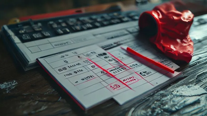 photorealistic, professional photography, 8K, cinematic lighting, sharp focus, depth of field, shot on a high-end DSLR, a close-up of a calendar with several past dates crossed out in red, a crumpled, bright red 'OVERDUE' stamp on a life insurance premium notice lying beside it on a dark wooden desk, conveying neglect, missed deadlines, and a sense of impending financial loss.