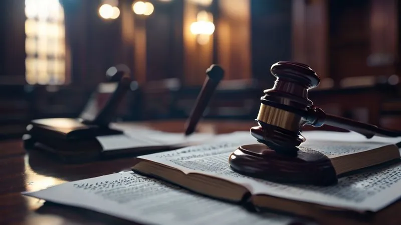 photorealistic, professional photography, 8K, cinematic lighting, sharp focus, depth of field, shot on a high-end DSLR, a close-up of a judge's gavel resting firmly on a stack of aged legal documents, with a blurred, dimly lit courtroom in the background, symbolizing legal action, authority, and the potential for decisive judicial intervention in trust disputes.