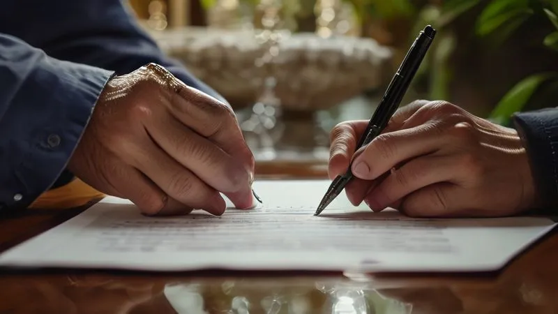 photorealistic, professional photography, 8K, cinematic lighting, sharp focus, depth of field, shot on a high-end DSLR, two distinct, professional hands (one slightly older, one younger, representing co-trustees or oversight) carefully reviewing a trust document together, a fountain pen poised nearby, symbolizing collaboration, shared responsibility, and diligent oversight in managing important financial affairs.