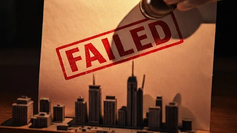 A photorealistic image of a large, heavy regulatory document being stamped with a 'FAILED' mark, casting a long, ominous shadow over a miniature cityscape of financial buildings. Professional photography, 8K, cinematic lighting, sharp focus on the stamp, depth of field blurring the background, shot on a high-end DSLR. A photorealistic image of a large, heavy regulatory document being stamped with a 'FAILED' mark, casting a long, ominous shadow over a miniature cityscape of financial buildings. Professional photography, 8K, cinematic lighting, sharp focus on the stamp, depth of field blurring the background, shot on a high-end DSLR.