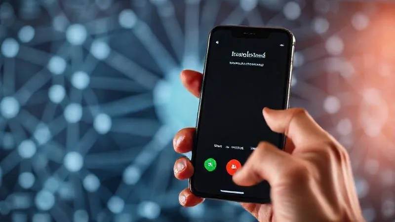 photorealistic, professional photography, 8K, cinematic lighting, sharp focus, depth of field, shot on a high-end DSLR, a person's hand holding a smartphone, blurred background of a complex network diagram, the phone screen showing a 'call in progress' interface with a generic insurance company logo, conveying urgent communication.