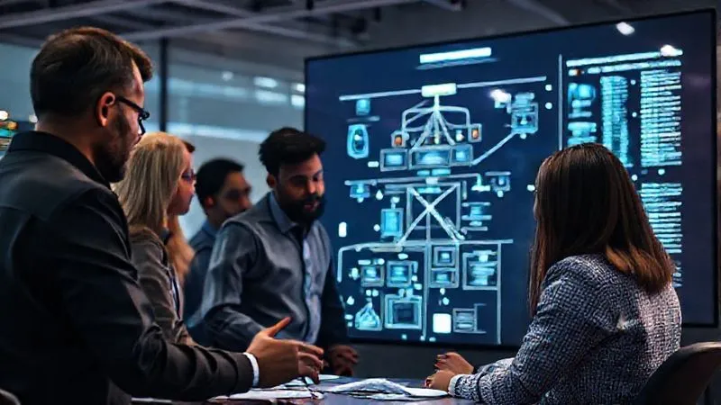 photorealistic, professional photography, 8K, cinematic lighting, sharp focus, depth of field, shot on a high-end DSLR, a team of diverse IT professionals intently collaborating around a large digital screen displaying secure network architecture diagrams, with a sense of focused determination and problem-solving.