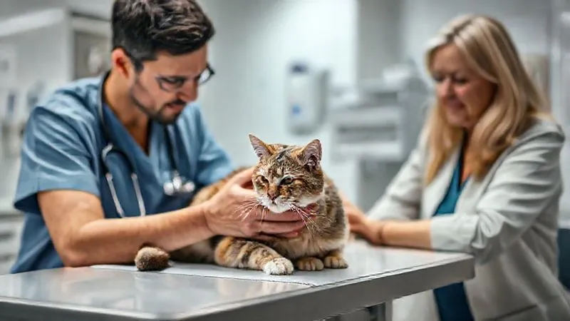 A compassionate veterinarian gently examining an elderly cat on an examination table, with a concerned but hopeful pet owner looking on. The clinic is clean and well-lit, conveying professionalism and care. Photorealistic, professional photography, 8K, cinematic lighting, sharp focus on the vet and cat, depth of field blurring the background, shot on a high-end DSLR. Evokes trust and the reality of senior pet health check-ups. A compassionate veterinarian gently examining an elderly cat on an examination table, with a concerned but hopeful pet owner looking on. The clinic is clean and well-lit, conveying professionalism and care. Photorealistic, professional photography, 8K, cinematic lighting, sharp focus on the vet and cat, depth of field blurring the background, shot on a high-end DSLR. Evokes trust and the reality of senior pet health check-ups.