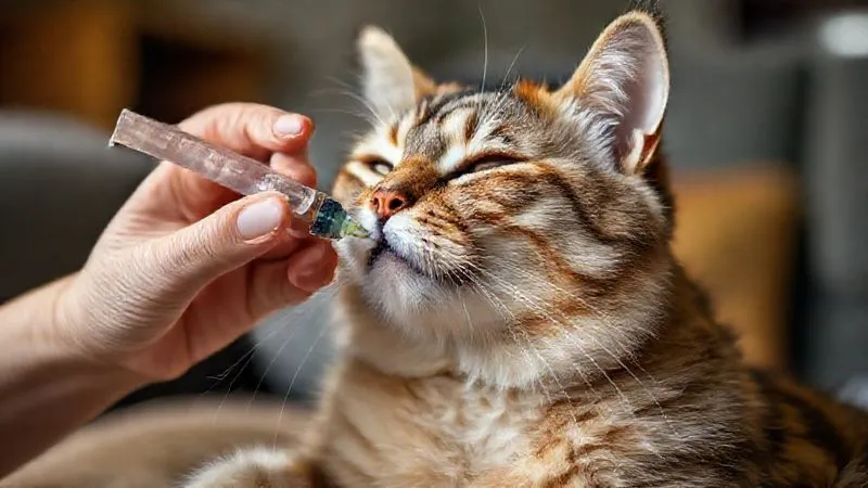 A senior cat comfortably taking liquid medication from a syringe held by a gentle human hand. The cat looks calm and well-cared for in a home environment. Photorealistic, professional photography, 8K, cinematic lighting, sharp focus on the cat and hands, depth of field blurring the background, shot on a high-end DSLR. Evokes diligent care and ongoing medical needs. A senior cat comfortably taking liquid medication from a syringe held by a gentle human hand. The cat looks calm and well-cared for in a home environment. Photorealistic, professional photography, 8K, cinematic lighting, sharp focus on the cat and hands, depth of field blurring the background, shot on a high-end DSLR. Evokes diligent care and ongoing medical needs.
