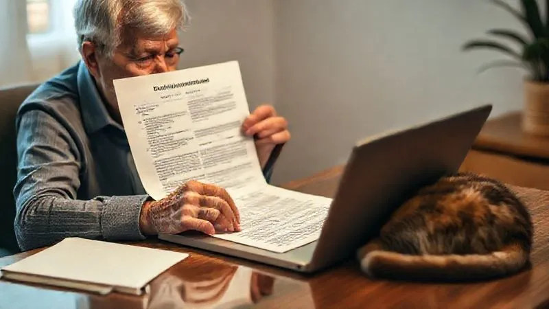 A thoughtful person, possibly a senior pet owner, sitting at a desk with an open laptop and pet insurance policy documents, meticulously reviewing the terms and conditions. A calm, older cat is curled up nearby. The scene is well-lit and conveys careful financial planning. Photorealistic, professional photography, 8K, cinematic lighting, sharp focus on the documents and person's face, depth of field blurring the background, shot on a high-end DSLR. Evokes careful consideration and responsibility. A thoughtful person, possibly a senior pet owner, sitting at a desk with an open laptop and pet insurance policy documents, meticulously reviewing the terms and conditions. A calm, older cat is curled up nearby. The scene is well-lit and conveys careful financial planning. Photorealistic, professional photography, 8K, cinematic lighting, sharp focus on the documents and person's face, depth of field blurring the background, shot on a high-end DSLR. Evokes careful consideration and responsibility.