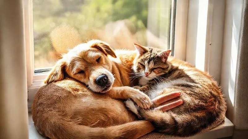 A heartwarming scene of a happy, contented senior dog and a senior cat curled up together on a sunlit window seat, with a loving human hand gently petting both. The atmosphere is peaceful and full of affection, representing the joy of caring for elderly pets. Photorealistic, professional photography, 8K, cinematic lighting, sharp focus on the pets and human hand, depth of field blurring the background, shot on a high-end DSLR. Evokes love, companionship, and comfort in old age. A heartwarming scene of a happy, contented senior dog and a senior cat curled up together on a sunlit window seat, with a loving human hand gently petting both. The atmosphere is peaceful and full of affection, representing the joy of caring for elderly pets. Photorealistic, professional photography, 8K, cinematic lighting, sharp focus on the pets and human hand, depth of field blurring the background, shot on a high-end DSLR. Evokes love, companionship, and comfort in old age.