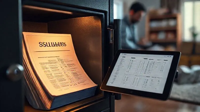 Photorealistic, professional photography, 8K, cinematic lighting, sharp focus on a secure, fireproof safe containing a neatly organized binder of insurance policies and a digital tablet displaying a home inventory spreadsheet. In the background, a subtle, blurred image of a family preparing an emergency kit, depth of field, shot on a high-end DSLR.