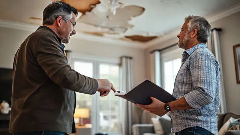 Photorealistic, professional photography, 8K, cinematic lighting, sharp focus on an insurance adjuster and a homeowner respectfully discussing damage inside a partially damaged living room, pointing at a water-stained ceiling. The homeowner holds a neatly organized binder. Depth of field, shot on a high-end DSLR.