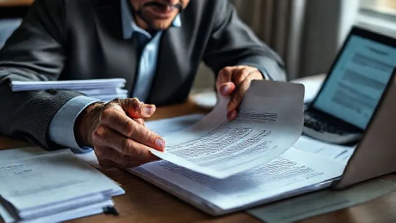 Photorealistic, professional photography, 8K, cinematic lighting, sharp focus on a person's hands carefully reviewing an insurance denial letter, surrounded by stacks of organized documents and a laptop displaying policy clauses. The expression is serious but determined. Depth of field, shot on a high-end DSLR.