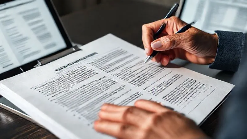 A photorealistic image of a person's hands meticulously going through a thick, open insurance policy document, highlighting specific paragraphs with a pen, with a laptop open in the background showing a digital version of the policy. Cinematic lighting, sharp focus on the document, depth of field, 8K hyper-detailed, professional photography.