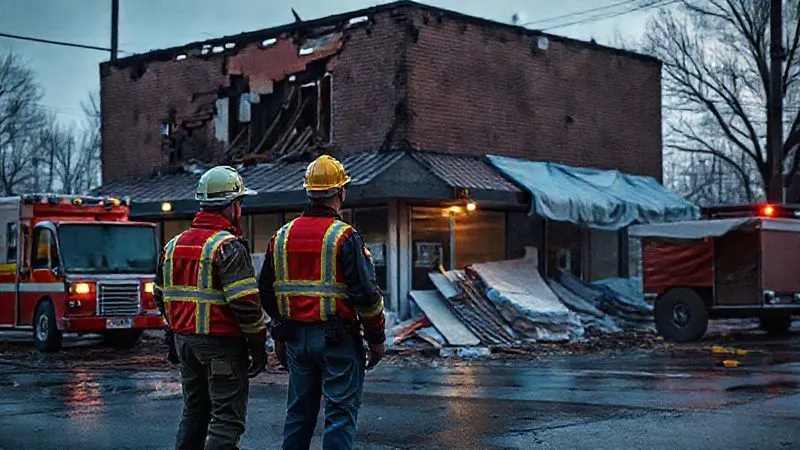 A photorealistic scene showing emergency services and a business owner in hard hats assessing a partially damaged commercial building during an early morning, with temporary shoring and tarps visible. Cinematic lighting, sharp focus on the foreground figures, depth of field, 8K hyper-detailed, professional photography.