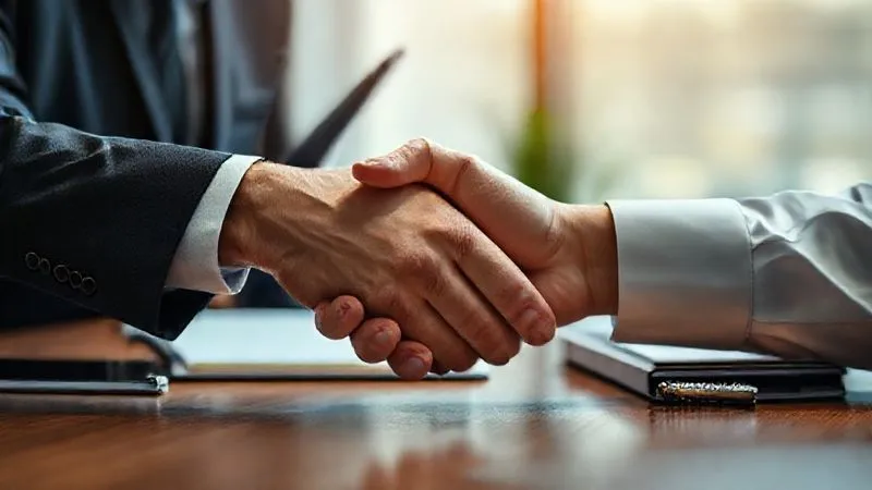 A photorealistic close-up of two hands shaking across a desk, with one hand holding a file folder and the other a pen, suggesting a professional agreement or negotiation in a well-lit office setting. Cinematic lighting, sharp focus on the handshake, depth of field, 8K hyper-detailed, professional photography.