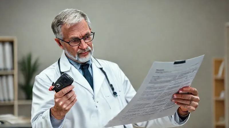 Photorealistic image of a doctor in a white coat, with a thoughtful expression, dictating notes into a voice recorder while reviewing a patient's chart and an open long-term care policy document. Professional photography, 8K, cinematic lighting, sharp focus on the doctor and documents, depth of field blurring the background, shot on a high-end DSLR. Photorealistic image of a doctor in a white coat, with a thoughtful expression, dictating notes into a voice recorder while reviewing a patient's chart and an open long-term care policy document. Professional photography, 8K, cinematic lighting, sharp focus on the doctor and documents, depth of field blurring the background, shot on a high-end DSLR.