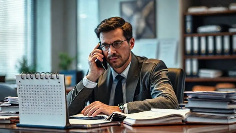 Photorealistic image of a person at a desk, surrounded by organized binders and legal pads, on a phone call with a determined but calm expression. There's a calendar marked with dates and notes. Professional photography, 8K, cinematic lighting, sharp focus on the person and desk, depth of field blurring a background of an office, shot on a high-end DSLR. Photorealistic image of a person at a desk, surrounded by organized binders and legal pads, on a phone call with a determined but calm expression. There's a calendar marked with dates and notes. Professional photography, 8K, cinematic lighting, sharp focus on the person and desk, depth of field blurring a background of an office, shot on a high-end DSLR.