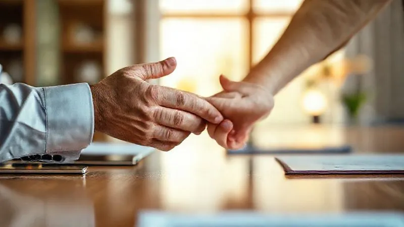 A photorealistic close-up of an insurance agent's hands holding a client's hands across a desk, conveying empathy and trust in a professional office setting. Soft, warm cinematic lighting, sharp focus on the hands, depth of field blurring the background, 8K hyper-detailed. Shot on a high-end DSLR.