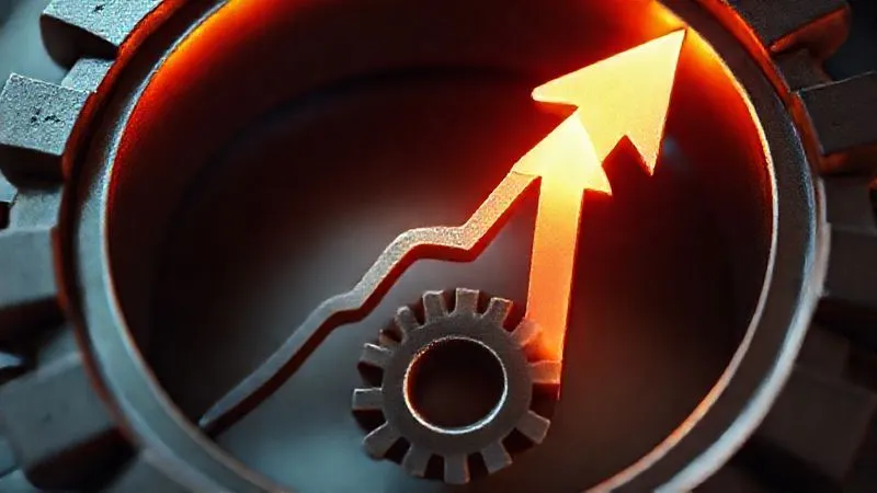 A photorealistic image of a clear, glowing arrow pointing upwards through a series of increasingly larger gears, symbolizing the escalation process within a corporate structure. Professional, clean design, 8K, cinematic lighting, sharp focus on the gears, depth of field blurring the background. Shot on a high-end DSLR.