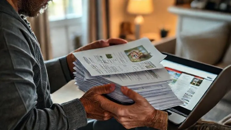 photorealistic, professional photography, 8K, cinematic lighting, sharp focus, depth of field, shot on a high-end DSLR. A homeowner meticulously organizing a stack of property documents, including printouts of comparable sales data and receipts for home improvements, with a laptop open to a real estate listing, conveying diligent research and preparation for a formal challenge.