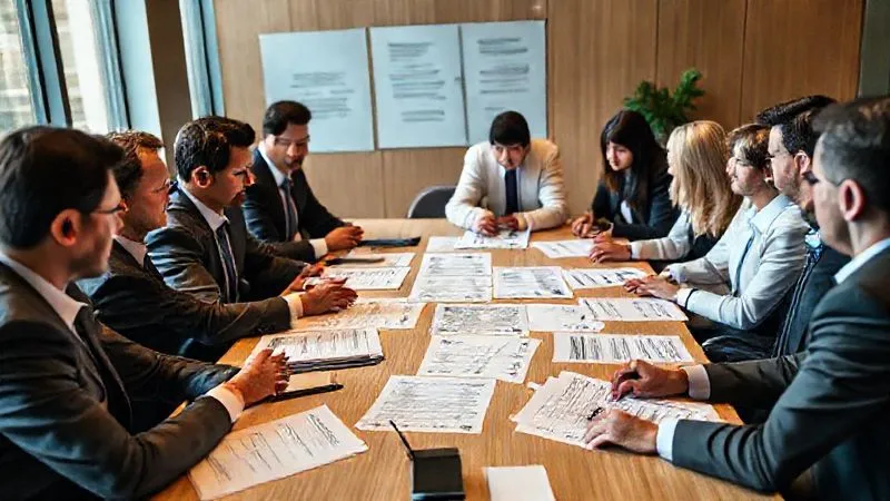 photorealistic, professional photography, 8K, cinematic lighting, sharp focus, depth of field, shot on a high-end DSLR. A diverse group of financial professionals, some in suits, some in smart casual, gathered around a large table with different types of loan applications and documents, engaged in a collaborative discussion, symbolizing the varied and flexible approaches of alternative lenders.