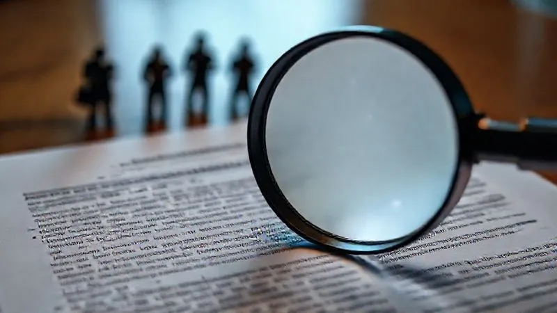 Photorealistic, professional photography, 8K, cinematic lighting, sharp focus, depth of field, shot on a high-end DSLR. A close-up of a magnifying glass hovering over complex, dense legal text on a cyber insurance policy document, with blurred background figures representing confusion and frustration. The lighting is stark, highlighting the intricate details of the small print.
