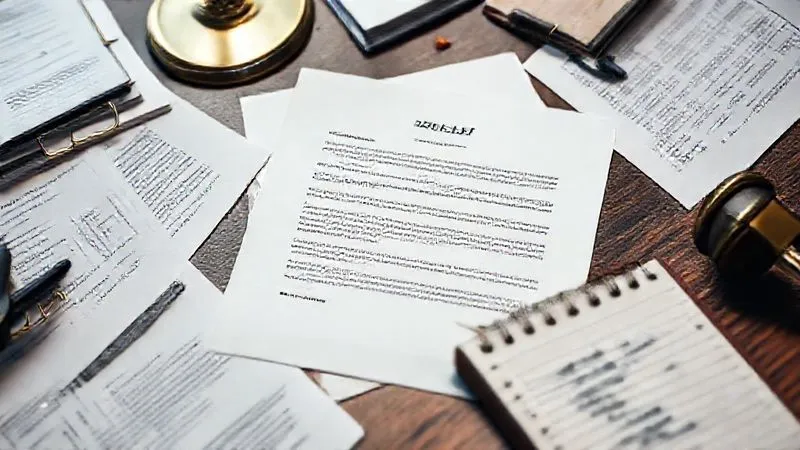 Photorealistic, professional photography, 8K, cinematic lighting, sharp focus, depth of field, shot on a high-end DSLR. A close-up of a meticulously organized desk with a formal appeal letter prominently displayed, surrounded by supporting documents, highlighted policy pages, and a legal pad with notes. The scene conveys diligence, strategy, and a structured approach to challenging a complex problem.