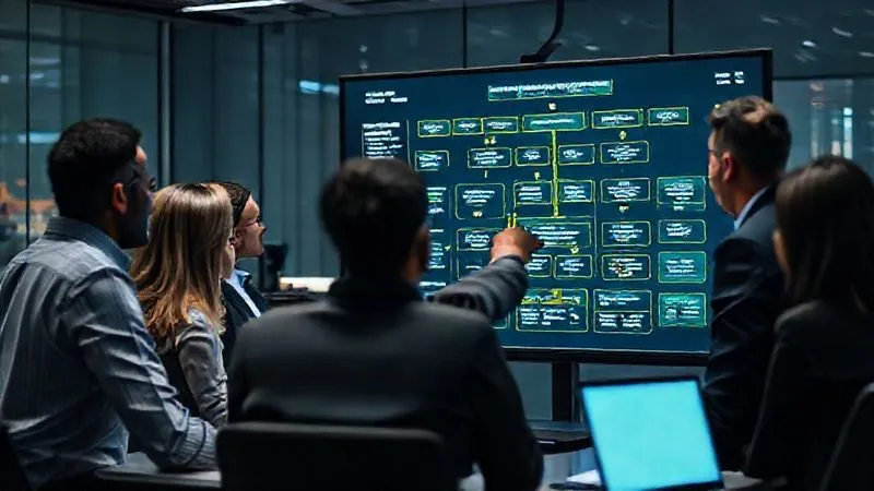 Photorealistic, professional photography, 8K, cinematic lighting, sharp focus, depth of field, shot on a high-end DSLR. A professional business team, diverse and focused, gathered around a large monitor displaying a complex cybersecurity incident response flowchart, with one team member pointing to a critical step. The atmosphere is collaborative and proactive, emphasizing preparedness and strategic planning against cyber threats.