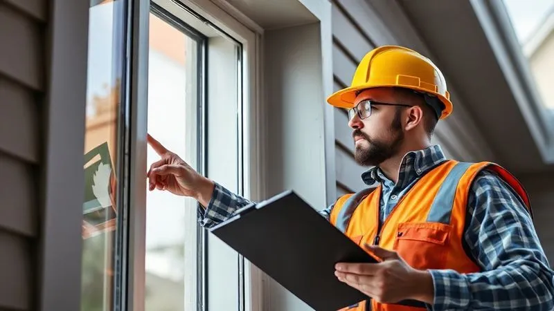 A photorealistic, professional image of a licensed home inspector in a hard hat and safety vest, pointing to a visible defect on a newly installed window frame, with a clipboard in hand, during a professional inspection. 8K, cinematic lighting, sharp focus, depth of field, shot on a high-end DSLR. A photorealistic, professional image of a licensed home inspector in a hard hat and safety vest, pointing to a visible defect on a newly installed window frame, with a clipboard in hand, during a professional inspection. 8K, cinematic lighting, sharp focus, depth of field, shot on a high-end DSLR.