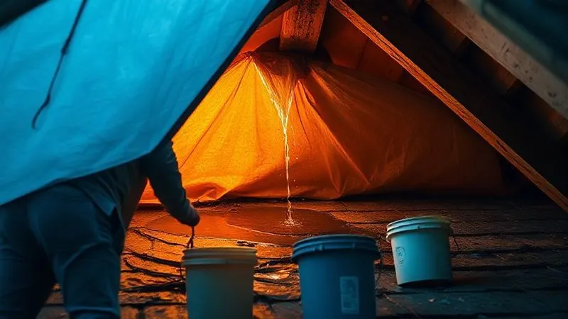 A photorealistic, professional image of a homeowner carefully placing a tarp over a visible leak in a poorly repaired roof, with buckets catching dripping water inside the attic. The scene should convey a sense of urgency and protection. 8K, cinematic lighting, sharp focus, depth of field, shot on a high-end DSLR. A photorealistic, professional image of a homeowner carefully placing a tarp over a visible leak in a poorly repaired roof, with buckets catching dripping water inside the attic. The scene should convey a sense of urgency and protection. 8K, cinematic lighting, sharp focus, depth of field, shot on a high-end DSLR.