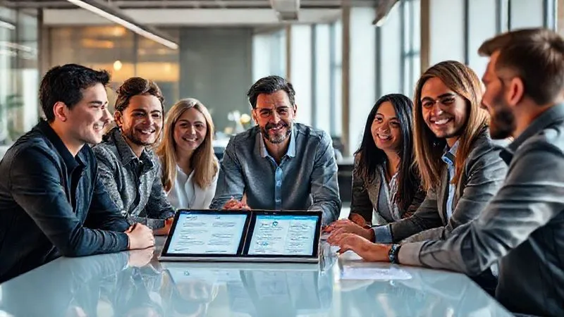 photorealistic, professional photography, 8K, cinematic lighting, sharp focus, depth of field, shot on a high-end DSLR, a diverse group of employees in a modern office looking engaged and hopeful, gathered around a large table with a thoughtful HR manager presenting various dental benefit options on a digital tablet, soft, warm light illuminating their faces, reflecting a sense of resolution and improved well-being.