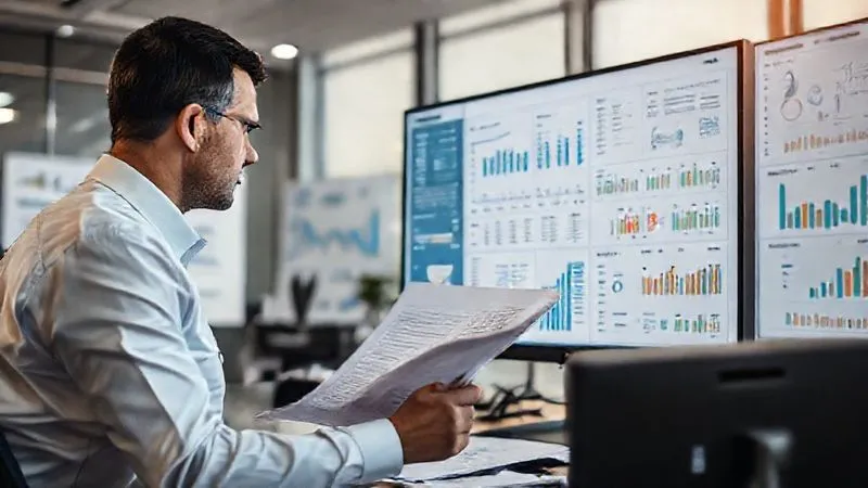 photorealistic, professional photography, 8K, cinematic lighting, sharp focus, depth of field, shot on a high-end DSLR, a benefits manager meticulously reviewing complex dental plan documents and spreadsheets on a large monitor, surrounded by data visualizations and charts, reflecting deep analysis and strategic decision-making, in a modern, well-lit office.