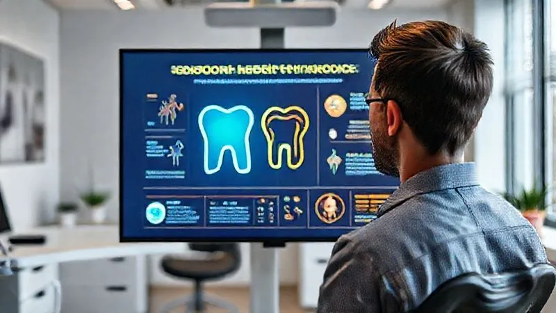 photorealistic, professional photography, 8K, cinematic lighting, sharp focus, depth of field, shot on a high-end DSLR, a vibrant infographic on a digital screen showing the interconnectedness of oral health with overall body health, using clear, engaging visuals and data points, in a modern, bright office environment.