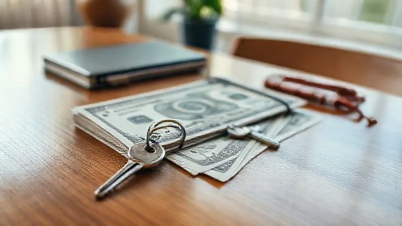 photorealistic, professional photography, 8K, cinematic lighting, sharp focus, depth of field, shot on a high-end DSLR. A diverse collection of financial assets like a house key, a stock certificate, and a savings passbook carefully arranged on a polished wooden table, representing a comprehensive personal financial strategy. Natural daylight.