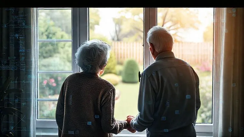 photorealistic, professional photography, 8K, cinematic lighting, sharp focus, depth of field, shot on a high-end DSLR. A serene elderly couple, looking out a window at a peaceful garden, holding hands, with a subtle blueprint overlay indicating thoughtful future planning. Soft, hopeful lighting.