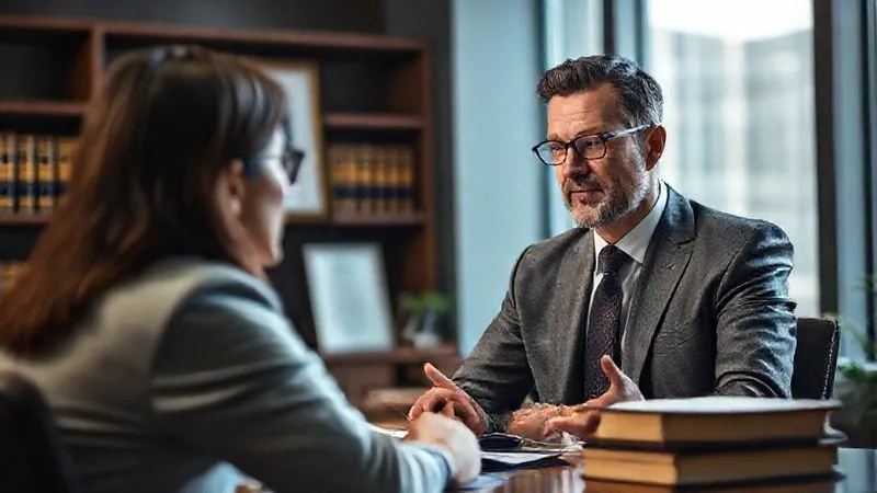A photorealistic image of a professional, empathetic lawyer listening intently to a client in a modern law office, with legal books and a framed degree visible in the background. The lighting is soft and professional, conveying trust and expertise. 8K hyper-detailed, sharp focus, depth of field.