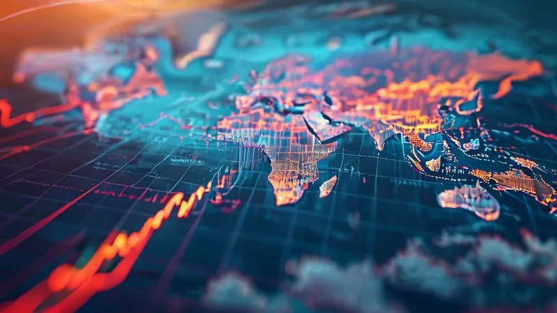 A photorealistic 3D line graph showing fluctuating reinsurance premium rates over a 20-year period, with a sharp upward trend in the last few years, set against a backdrop of a global map indicating areas of natural disasters, cinematic lighting, sharp focus, depth of field, 8K hyper-detailed.