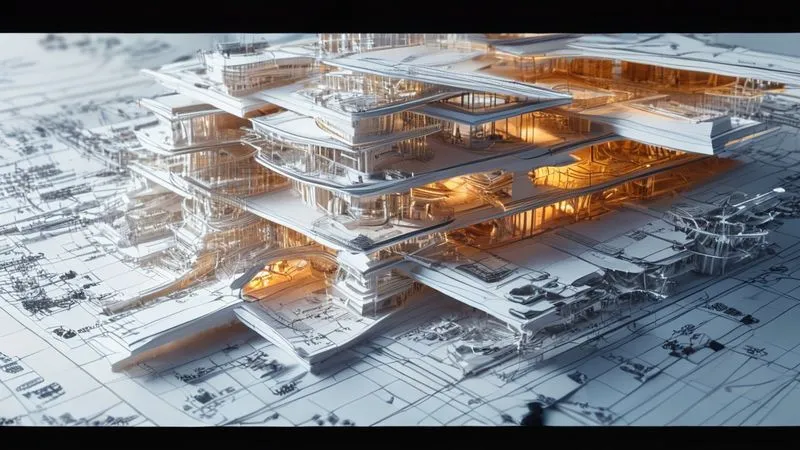 A photorealistic intricate 3D architectural blueprint of a complex multi-layered structure, symbolizing different types of reinsurance treaties (quota share, excess of loss, aggregate), with some layers highlighted, cinematic lighting, sharp focus, depth of field, 8K hyper-detailed.