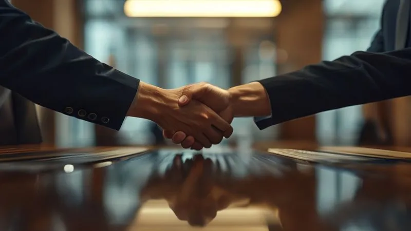 A photorealistic shot of two business professionals shaking hands firmly across a polished boardroom table after a successful negotiation, warm cinematic lighting, sharp focus on their hands and determined expressions, depth of field blurring the background, 8K hyper-detailed.