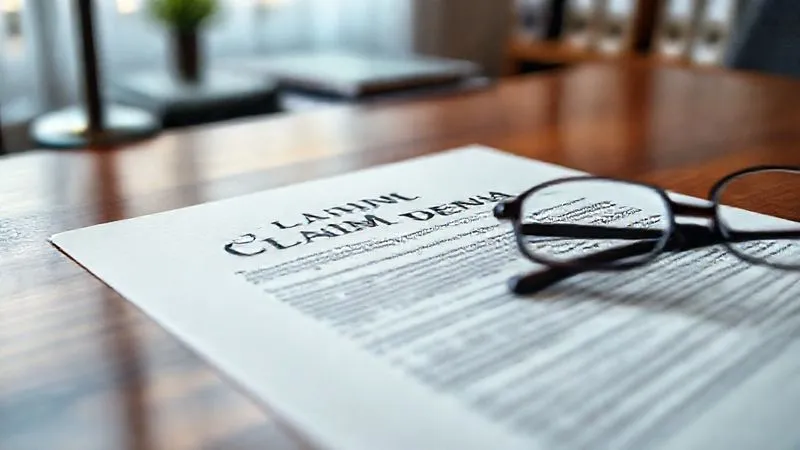 A close-up, photorealistic image of a legal document titled "CLAIM DENIAL" with sections highlighted, lying on a polished wooden desk next to a pair of reading glasses. The background is softly blurred, showing a modern office environment. Professional photography, 8K, cinematic lighting, sharp focus on the document, depth of field, shot on a high-end DSLR.