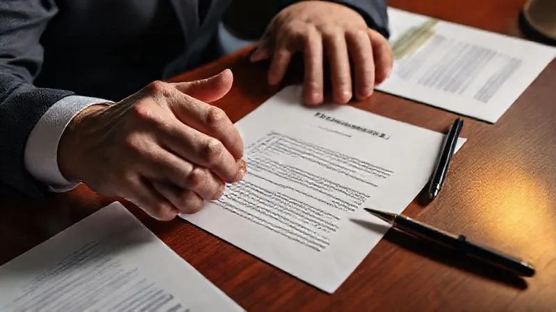 A photorealistic image of a professional hand pointing to a specific clause in an open cyber insurance policy document, with other legal papers and a pen on a mahogany desk. The lighting is focused on the document, creating a serious, analytical atmosphere. Professional photography, 8K, cinematic lighting, sharp focus, depth of field, shot on a high-end DSLR.