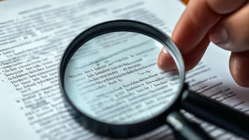 photorealistic, professional photography, 8K, cinematic lighting, sharp focus, depth of field, shot on a high-end DSLR, a close-up of a magnifying glass hovering over a dense legal document, highlighting specific clauses, with a person's hand pointing to a paragraph, conveying detailed examination and scrutiny.