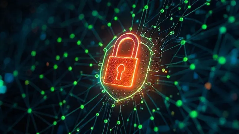 photorealistic, professional photography, 8K, cinematic lighting, sharp focus, depth of field, shot on a high-end DSLR, a vibrant, glowing digital padlock icon forming a protective shield around a complex network of interconnected data nodes, symbolizing robust cybersecurity, with a subtle blue and green color scheme.