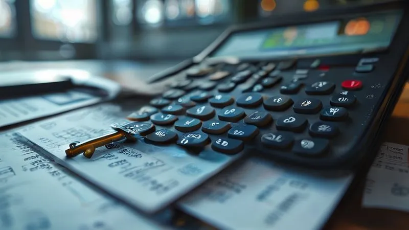 A close-up, photorealistic image of a calculator displaying a high mortgage insurance premium amount, with blurred financial documents and a house key in the background, cinematic lighting, sharp focus on the calculator screen, depth of field, 8K hyper-detailed.