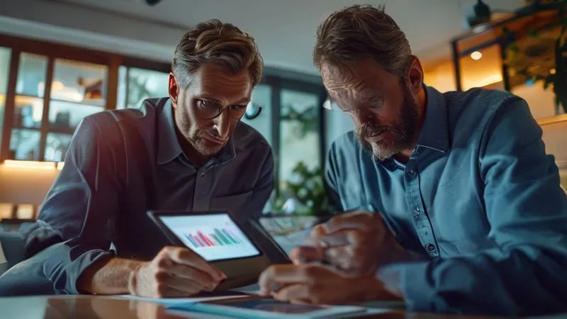 A professional, photorealistic image of a financial advisor pointing to a credit score graph on a tablet, with a couple looking on attentively. The background shows a modern home interior, cinematic lighting, sharp focus on the tablet and advisor's hand, depth of field, 8K hyper-detailed.